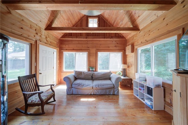 1066 Sea Oats Way SW, Lilburn, GA 30047 - living area with wooden walls, light wood finished floors, and wood ceiling
