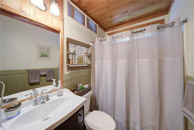 1066 Sea Oats Way SW, Lilburn, GA 30047 - bathroom with wood ceiling, wainscoting, vanity, and a shower with curtain