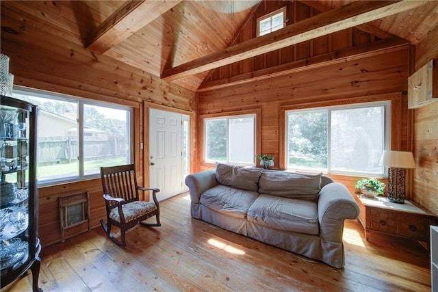 1066 Sea Oats Way SW, Lilburn, GA 30047 - living room with wood walls, wood-type flooring, heating unit, and wood ceiling