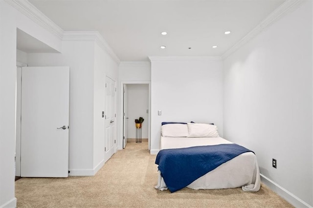 bedroom with light carpet and ornamental molding