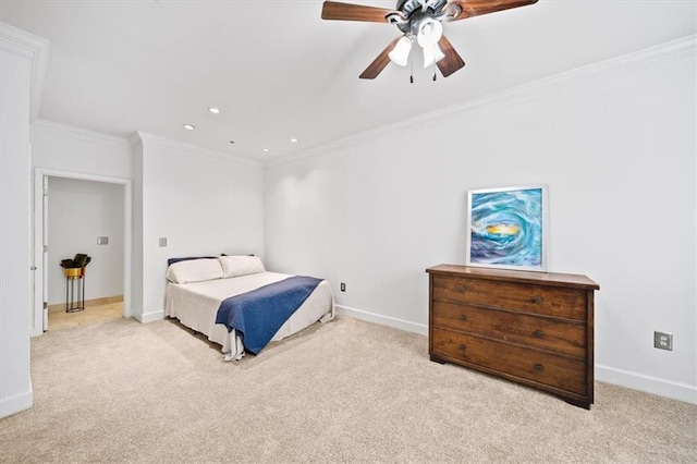 bedroom featuring light carpet, crown molding, and ceiling fan