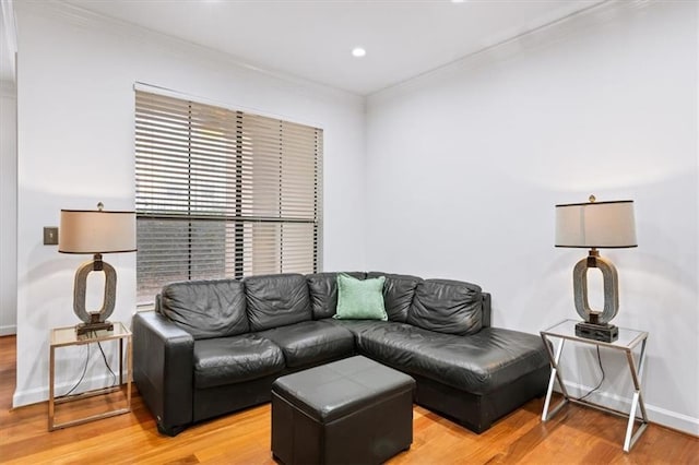 living room featuring ornamental molding and light hardwood / wood-style floors