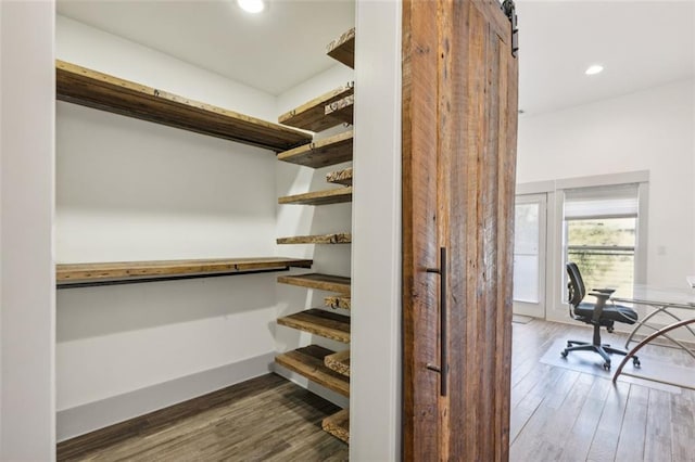 walk in closet featuring wood finished floors and a barn door