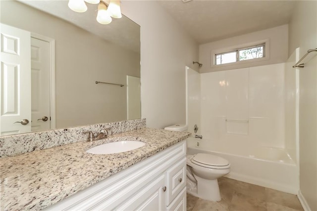 bathroom with shower / bathtub combination, vanity, tile patterned flooring, and toilet