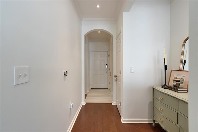 1850 Cotillion Dr Unit 2304, Dunwoody, GA 30338 - hallway with arched walkways, dark wood-style flooring, ornamental molding, baseboards, and recessed lighting