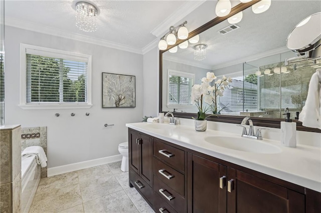 255 Broken Lance Pl, Johns Creek, GA 30022 - full bath featuring double vanity, a garden tub, ornamental molding, baseboards, and toilet
