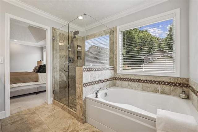 255 Broken Lance Pl, Johns Creek, GA 30022 - bathroom with a bath, ensuite bathroom, a shower stall, and crown molding