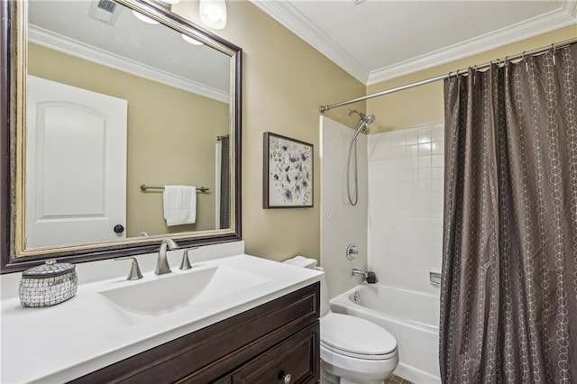 255 Broken Lance Pl, Johns Creek, GA 30022 - full bath featuring toilet, vanity, ornamental molding, and shower / tub combo with curtain