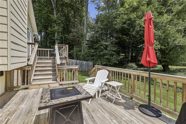 255 Broken Lance Pl, Johns Creek, GA 30022 - deck featuring stairs, a fire pit, and view of wooded area