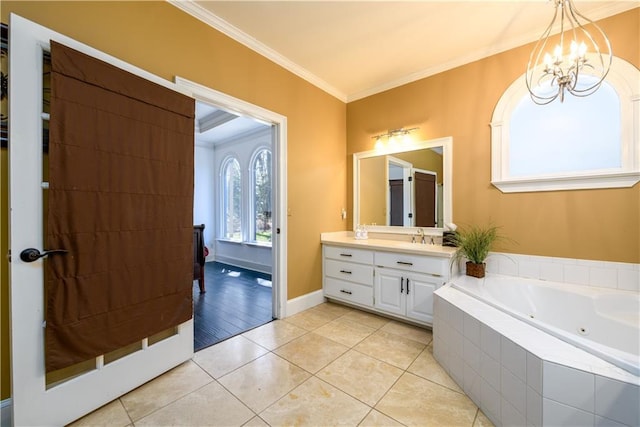 full bath with crown molding, a whirlpool tub, tile patterned floors, a notable chandelier, and vanity