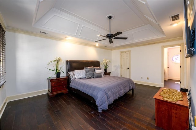 bedroom featuring visible vents, baseboards, dark wood-style floors, and crown molding