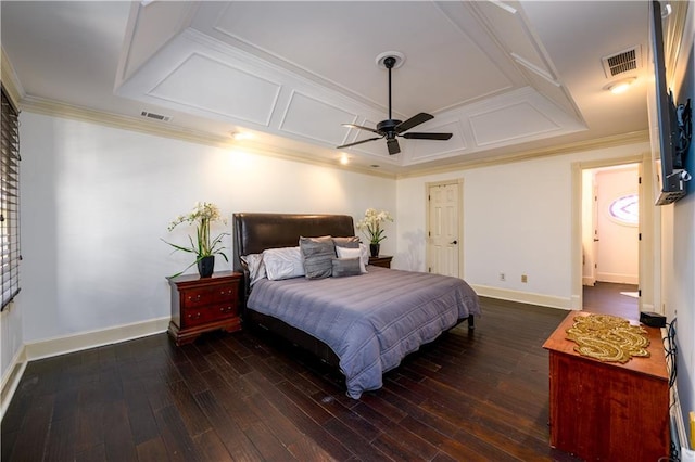 bedroom featuring baseboards, dark wood-style floors, ornamental molding, and visible vents