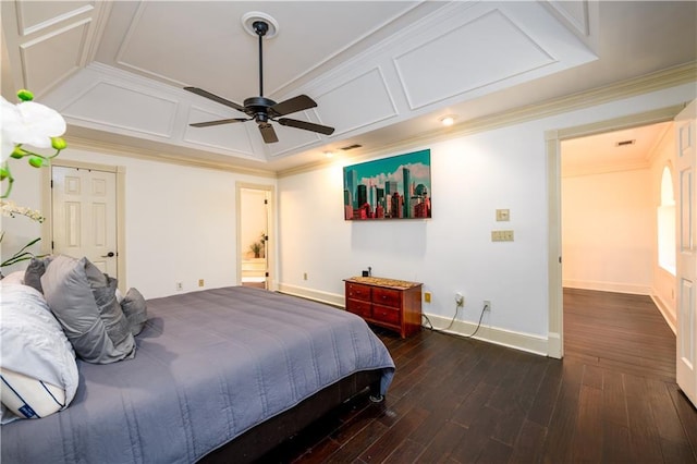 bedroom featuring coffered ceiling, crown molding, a ceiling fan, dark wood-style floors, and baseboards