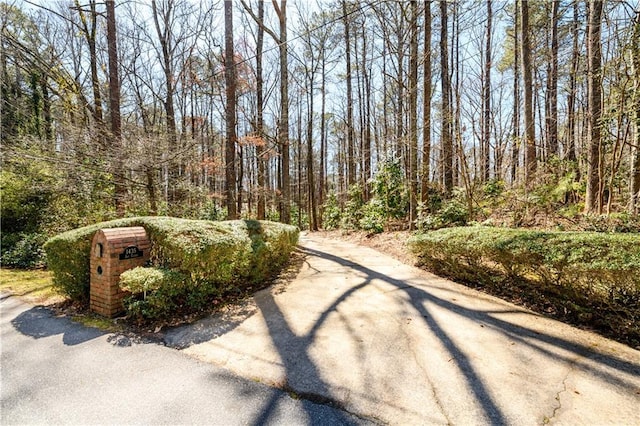 view of street featuring a forest view