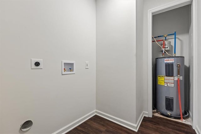 2091 Chestnut Log Dr, Lithia Springs, GA 30122 - washroom featuring electric water heater, electric dryer hookup, dark wood-style flooring, baseboards, and washer hookup