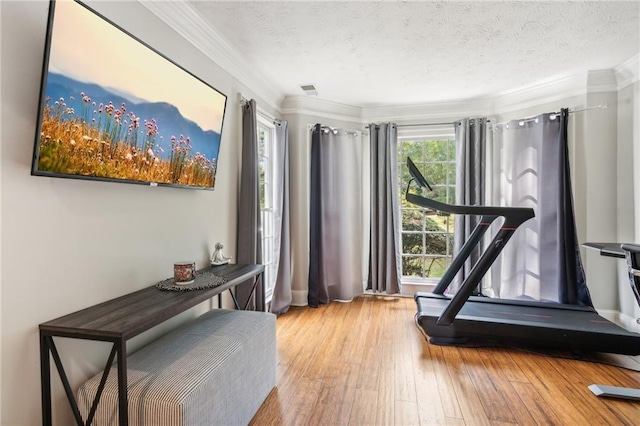 exercise room with ornamental molding, a textured ceiling, and hardwood / wood-style floors