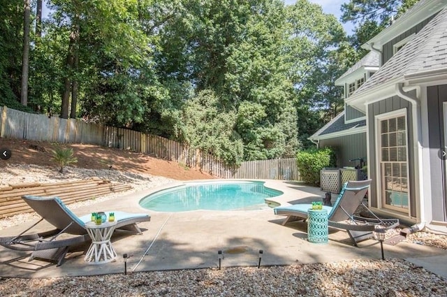 view of swimming pool featuring a fenced backyard and a patio area
