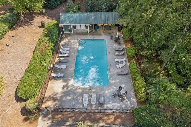 view from above of property featuring a pool