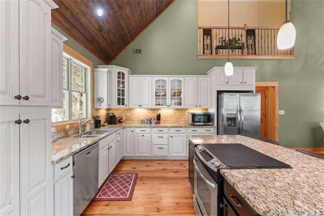 210 Lake Pines Rd, Jackson, GA 30233 - kitchen with appliances with stainless steel finishes, a sink, wood ceiling, light wood finished floors, and white cabinetry