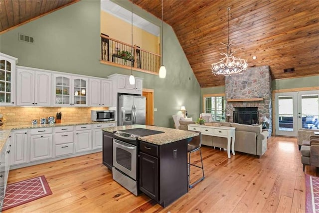210 Lake Pines Rd, Jackson, GA 30233 - kitchen featuring appliances with stainless steel finishes, wood ceiling, high vaulted ceiling, white cabinets, and a breakfast bar area