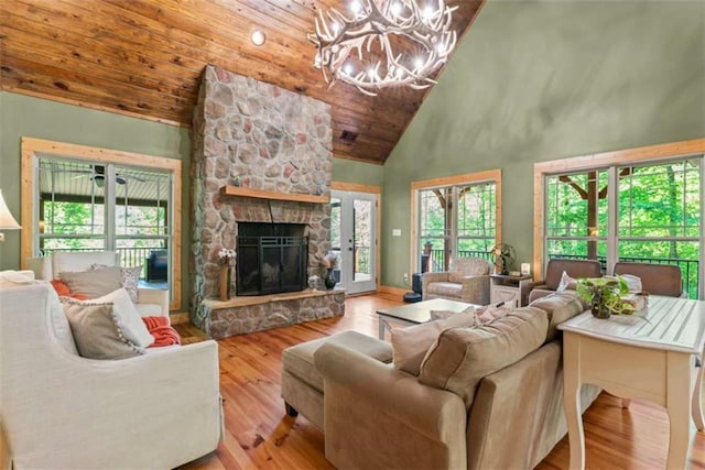 210 Lake Pines Rd, Jackson, GA 30233 - living area featuring high vaulted ceiling, wood finished floors, a chandelier, a stone fireplace, and wood ceiling