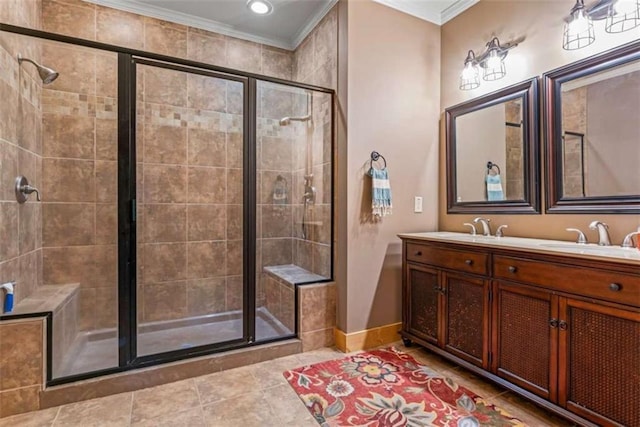 210 Lake Pines Rd, Jackson, GA 30233 - bathroom featuring ornamental molding, a stall shower, double vanity, tile patterned flooring, and baseboards