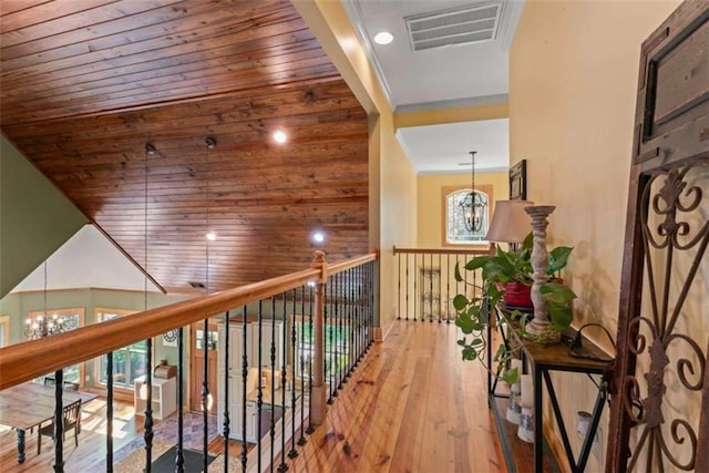 210 Lake Pines Rd, Jackson, GA 30233 - corridor with a chandelier, wood-type flooring, and wood ceiling