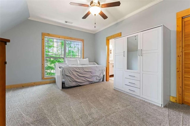 210 Lake Pines Rd, Jackson, GA 30233 - carpeted bedroom featuring baseboards, ceiling fan, lofted ceiling, and ornamental molding