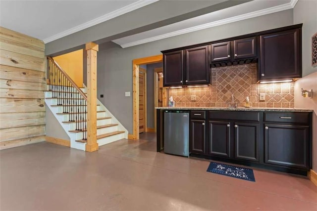 210 Lake Pines Rd, Jackson, GA 30233 - bar area featuring stairway, decorative backsplash, concrete flooring, crown molding, and dishwasher