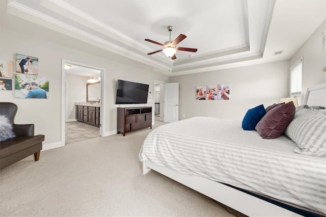 337 Spotted Ridge Cir, Woodstock, GA 30188 - bedroom featuring a raised ceiling, light colored carpet, baseboards, ornamental molding, and ensuite bathroom