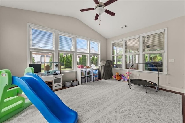 337 Spotted Ridge Cir, Woodstock, GA 30188 - recreation room featuring lofted ceiling, plenty of natural light, and ceiling fan