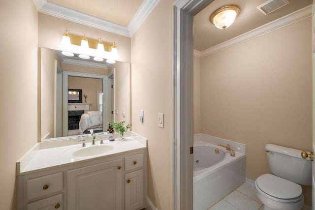 full bath featuring ensuite bath, crown molding, a garden tub, toilet, and vanity