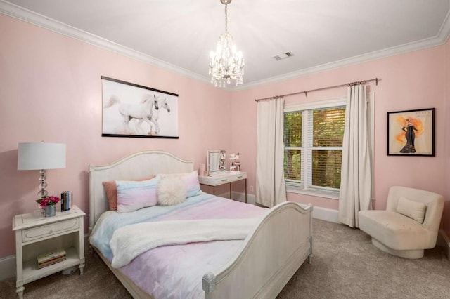 carpeted bedroom with a chandelier, crown molding, and baseboards