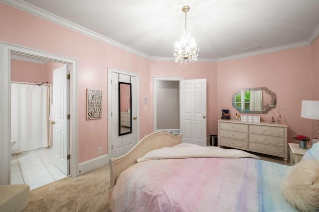 bedroom featuring a chandelier, crown molding, baseboards, carpet, and connected bathroom