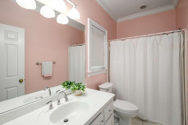 full bath featuring crown molding, vanity, and toilet