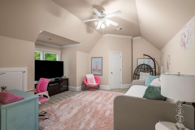 bedroom with carpet, lofted ceiling, baseboards, and a ceiling fan