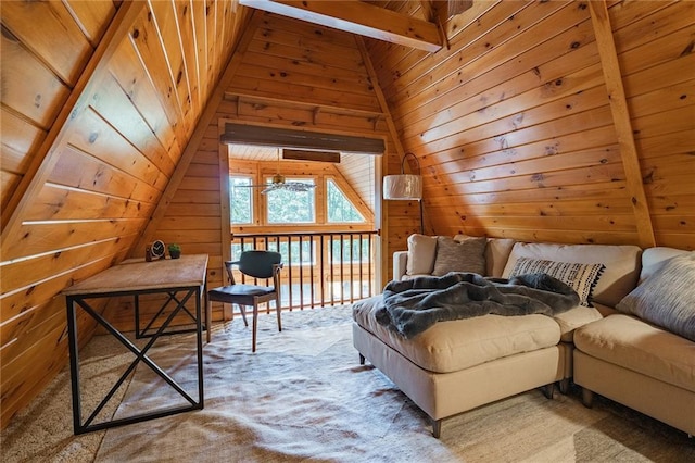 interior space with carpet floors, wood ceiling, wood walls, and vaulted ceiling with beams