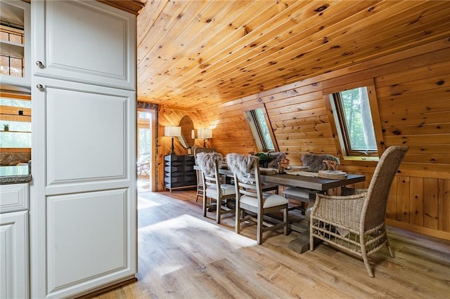 dining space featuring wooden walls, light wood-style flooring, and wood ceiling