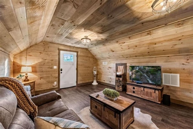 living room with wood walls, dark hardwood / wood-style floors, lofted ceiling, and wood ceiling