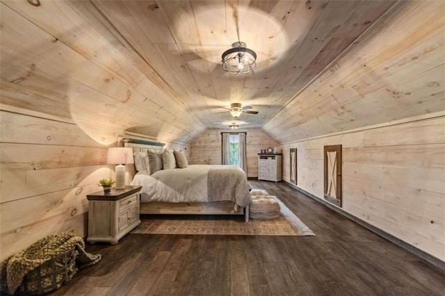 unfurnished bedroom with wood ceiling, wood walls, vaulted ceiling, and dark hardwood / wood-style floors