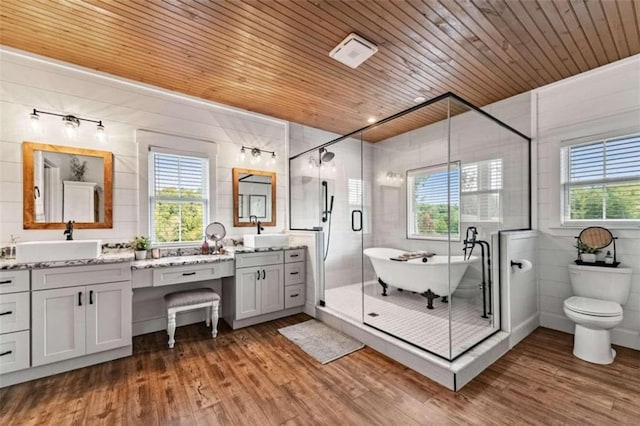 full bathroom featuring vanity, wood ceiling, wood-type flooring, and separate shower and tub