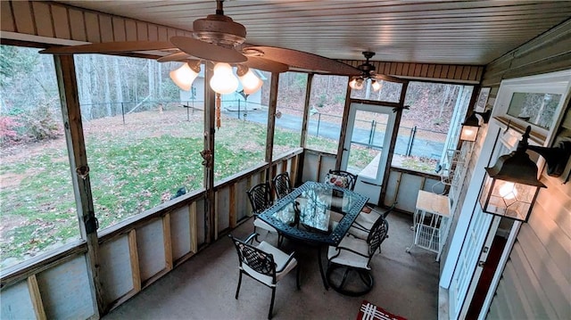 sunroom with ceiling fan and lofted ceiling