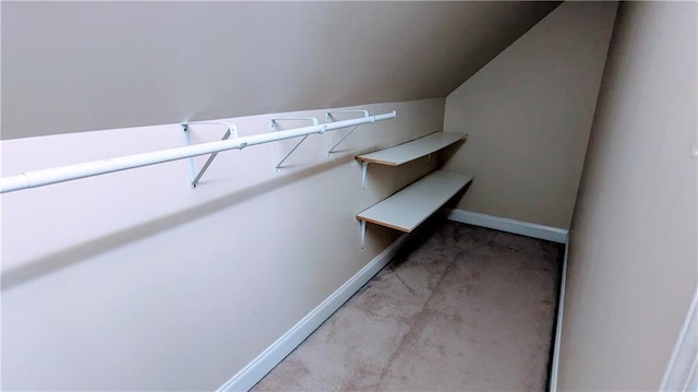 spacious closet featuring carpet and vaulted ceiling