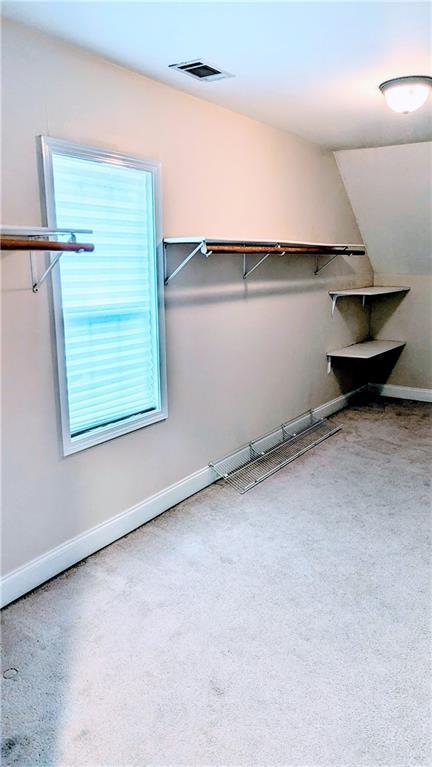 walk in closet with carpet floors and lofted ceiling