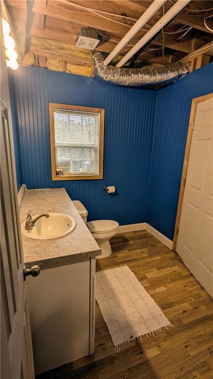 bathroom featuring hardwood / wood-style floors, vanity, and toilet