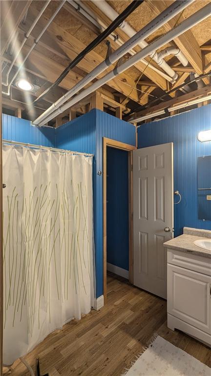 bathroom with hardwood / wood-style floors and vanity