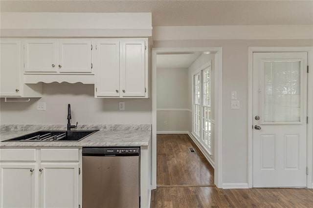 3614 Spring Leaf Ln, Acworth, GA 30101 - kitchen with dishwasher, dark wood-style floors, white cabinetry, and light countertops