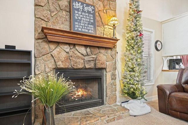 details with a stone fireplace and carpet flooring