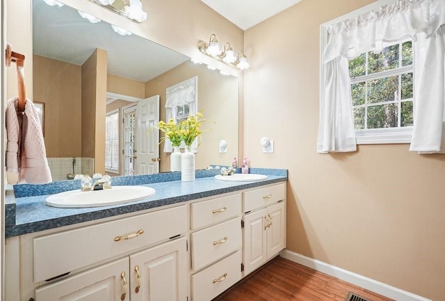 bathroom featuring vanity and hardwood / wood-style floors