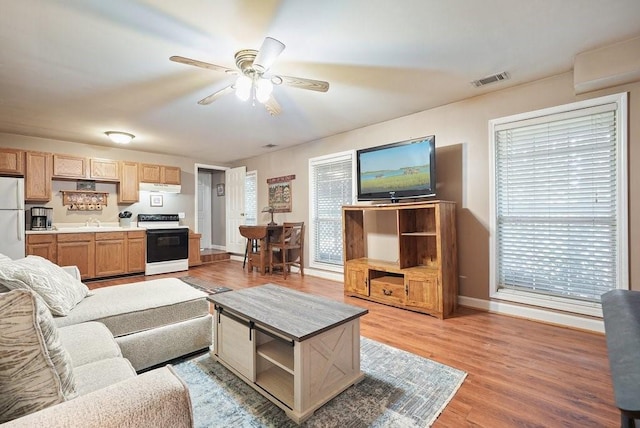 living room featuring ceiling fan, sink, and light wood-type flooring